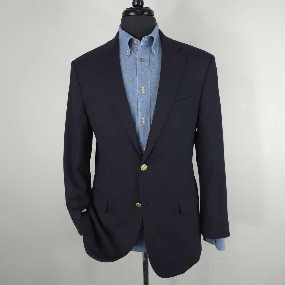 Jos A Bank Blazer Mens 41R Blue Wool Stretch Slim Fit Gold Button‎ Sport Coat